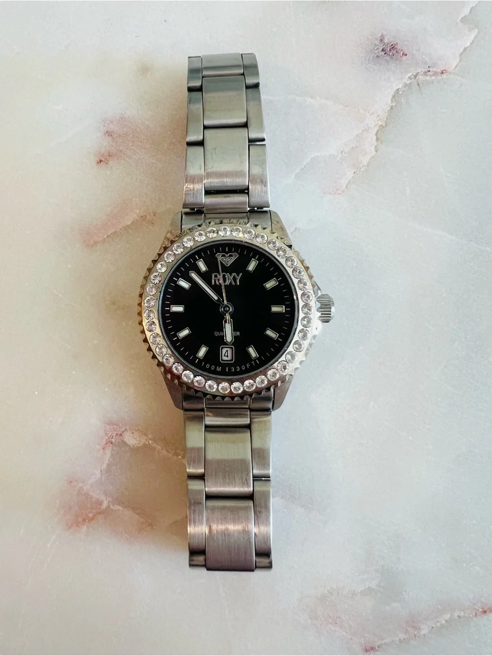 Roxy Vintage Women's Stainless Steel Crystal Bezel Watch - Black Dial Date RX101